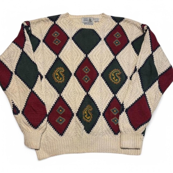 Vintage Penn's Landing Knit Sweater Mens Large Diamond Argyle Pattern Red Green - Picture 1 of 8